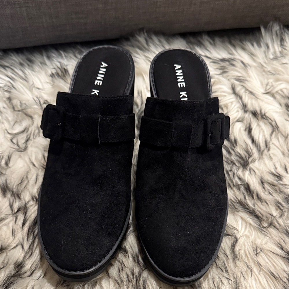 Anne Klein Black Mules with Suede Buckle